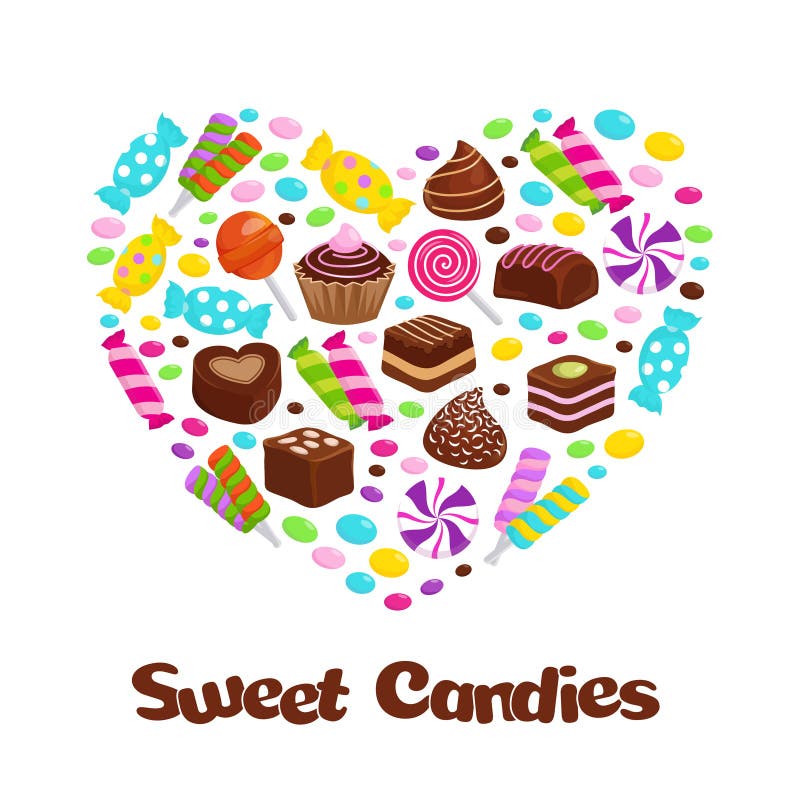 Le icone piane delle caramelle della lecca-lecca del caramello e dei dolci del cioccolato nel cuore modellano royalty illustrazione gratis Le icone piane delle caramelle della lecca-lecca del caramello e dei dolci del cioccolato nel cuore modellano royalty illustrazione gratis