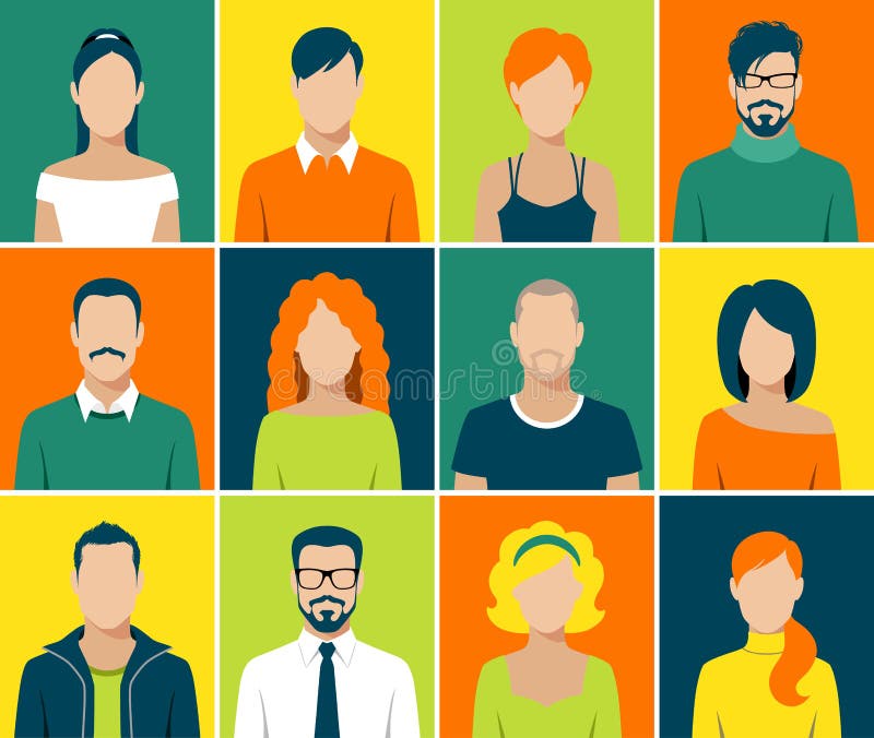 Le icone piane di app dell'avatar hanno fissato il vettore della gente del fronte dell'utente illustrazione di stock