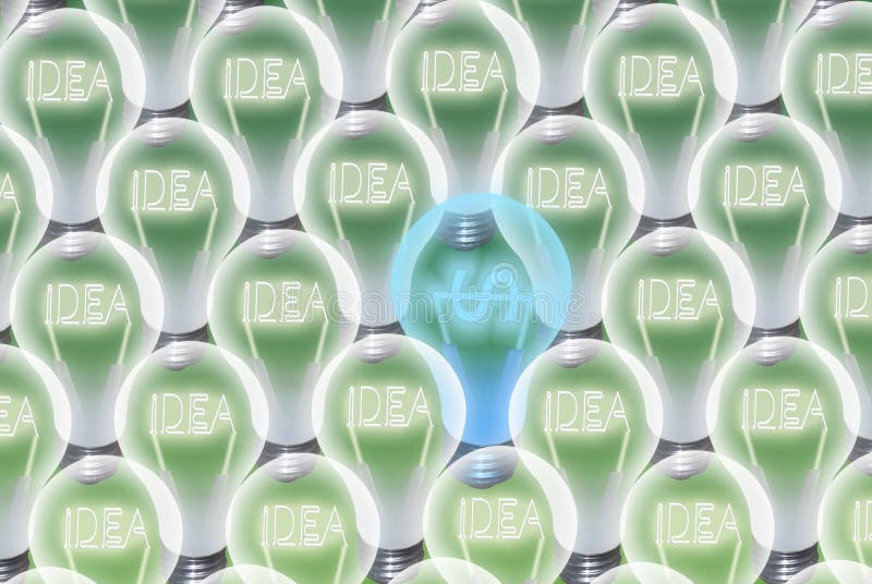 A view of an array of light bulbs containing the word idea with the exception of one colored blue and a dollar sign. Abstract concept: Ideas can be profitable. A view of an array of light bulbs containing the word idea with the exception of one colored blue and a dollar sign. Abstract concept: Ideas can be profitable...