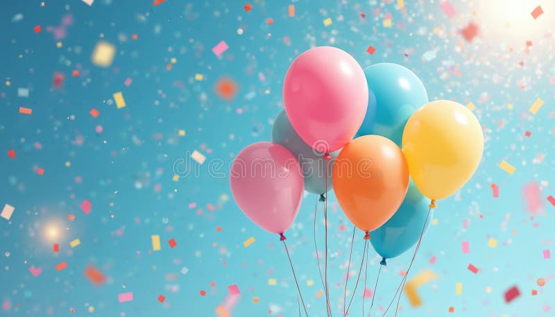 Le illustrazioni colorate mostrano palloncini felici e coriandoli contro il cielo blu. Palloncini di colore arancione giallo rosa. illustrazione di stock