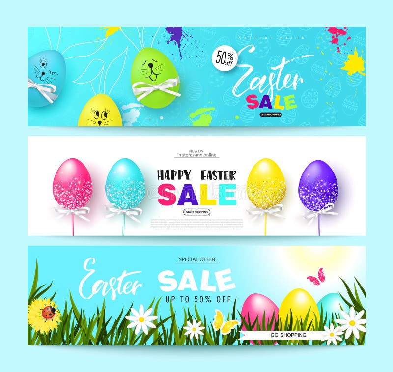 Le insegne orizzontali di vendita felice di Pasqua hanno messo con le uova variopinte Illustrazione di vettore Vendita di stagion illustrazione di stock Le insegne orizzontali di vendita felice di Pasqua hanno messo con le uova variopinte Illustrazione di vettore Vendita di stagion illustrazione di stock