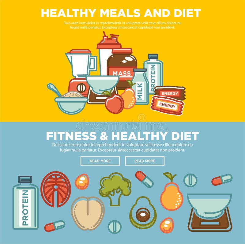 Le insegne piane di nutrizione dell'alimento di forma fisica e dell'alimento di dieta sana di sport progettano illustrazione di stock Le insegne piane di nutrizione dell'alimento di forma fisica e dell'alimento di dieta sana di sport progettano illustrazione di stock