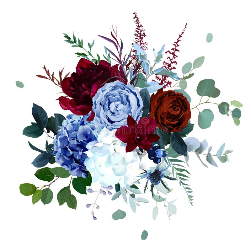 Le jardin bleu marine royale s'est levé les fleurs rouges de pivoine de Bourgogne d'hortensia blanc