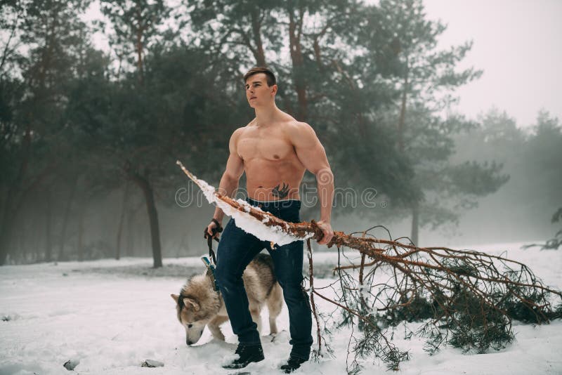 Le jeune bodybuilder avec le torse nu mène le Malamute de chien et porte la branche de pin dans sa main à la promenade dans la fo photographie stock libre de droits Le jeune bodybuilder avec le torse nu mène le Malamute de chien et porte la branche de pin dans sa main à la promenade dans la fo photographie stock libre de droits