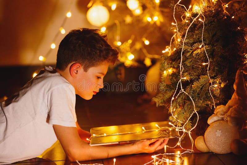 Le jeune garçon mignon dans le T-shirt blanc lit le livre à la soirée à la maison devant l'arbre de sapin avec des lumières Vacan photos libres de droits Le jeune garçon mignon dans le T-shirt blanc lit le livre à la soirée à la maison devant l'arbre de sapin avec des lumières Vacan photos libres de droits