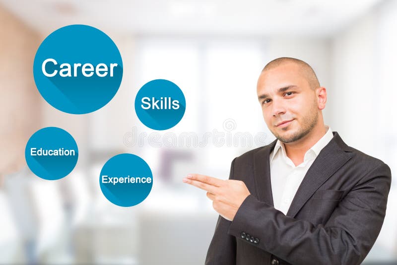 Young handsome man shows important attributes in career. Young handsome man shows important attributes in career.