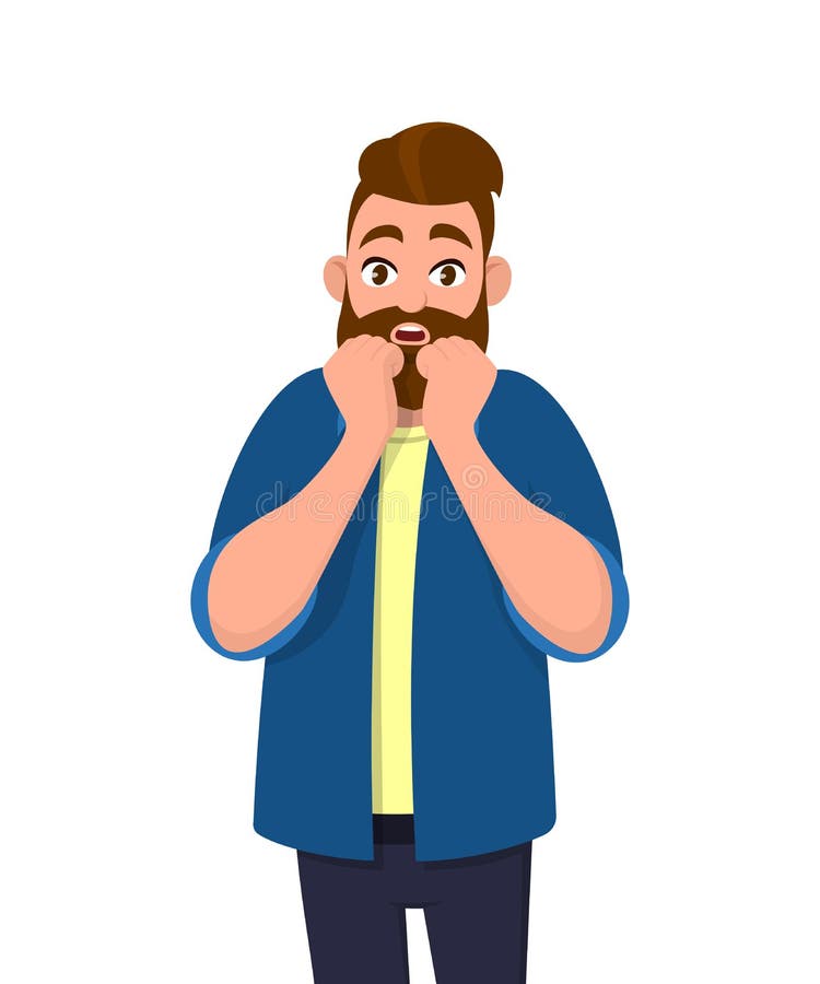 Le jeune homme effrayé tenant des mains s'approchent du visage illustration libre de droits Le jeune homme effrayé tenant des mains s'approchent du visage illustration libre de droits