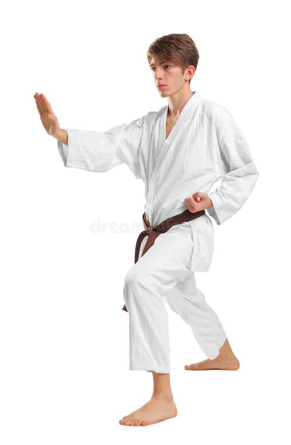 Le jeune karatek de type avec la ceinture brune sur le blanc a isolé le fond photo libre de droits Le jeune karatek de type avec la ceinture brune sur le blanc a isolé le fond photo libre de droits