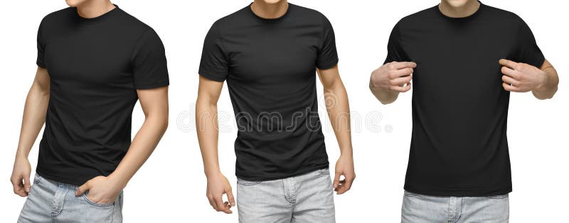 Le jeune mâle dans le T-shirt noir vide, avant et vue arrière, a isolé le fond blanc Concevez le calibre et la maquette de T-shir images libres de droits