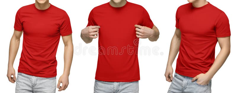 Le jeune mâle dans le T-shirt rouge vide, avant et vue arrière, a isolé le fond blanc Concevez le calibre et la maquette de T-shi photographie stock