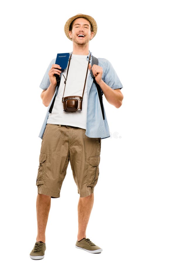 Happy young tourist smiling holding passport. Happy young tourist smiling holding passport