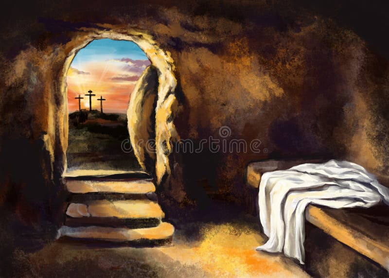 Le Jésus-Christ de Pâques s'est levé des morts. Dimanche dimanche matin. Aube. Le tombeau vide à l'arrière-plan de la crucifixion.