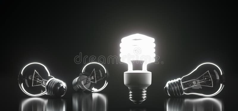 3D Rendering Of Bunch Classic Glass Light Bulbs With One Of Them Lighted On Dark Background With Reflection Surface. 3D Rendering Of Bunch Classic Glass Light Bulbs With One Of Them Lighted On Dark Background With Reflection Surface