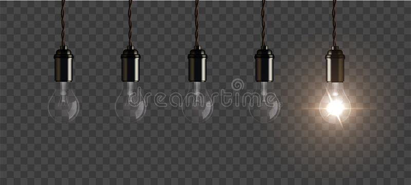 Le lampadine si agganciano dal soffitto con una lampadina luminosa simbolo dell'innovazione royalty illustrazione gratis