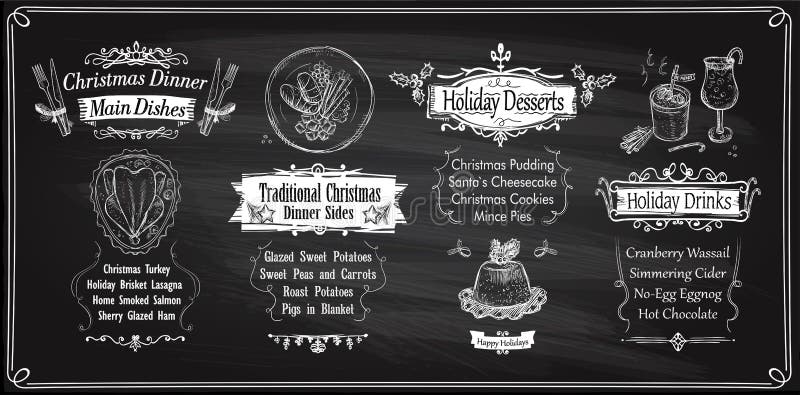 Le lavagne del menu di Natale del gesso progettano, menu di festa - piatti principali, lati, dessert e bevande