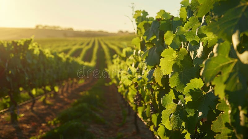 Le linee di vigneto illuminate al sole. Generato dall'AI fotografia stock