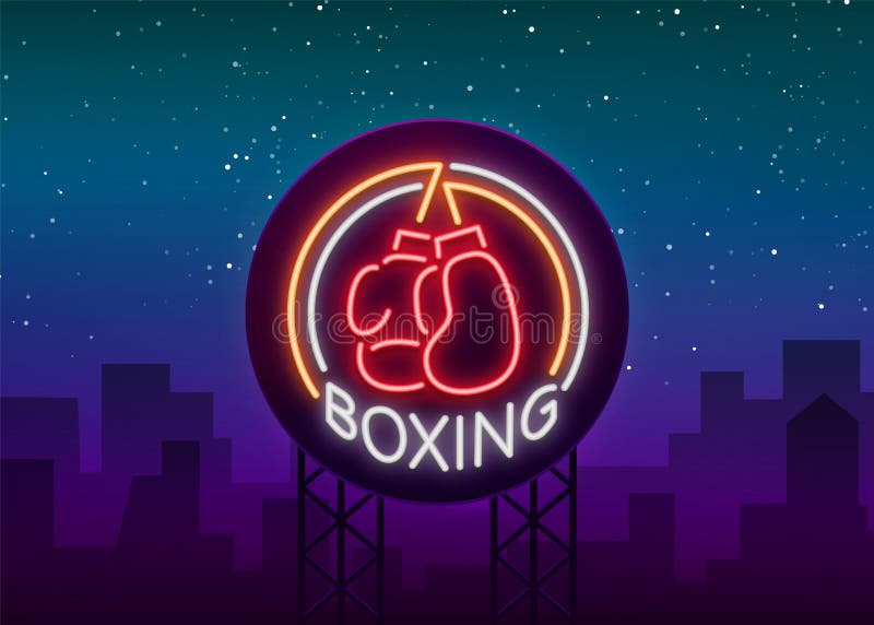 Le logo de boxe, emblème d'enseigne au néon est isolé Illustration de vecteur sur le sport Le signe est allumé, la bannière lumin illustration stock Le logo de boxe, emblème d'enseigne au néon est isolé Illustration de vecteur sur le sport Le signe est allumé, la bannière lumin illustration stock