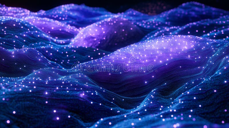 Le luci di neon e una griglia pixelata simboleggiano la tecnologia futuristica e il flusso di dati attraverso un terreno digitale. prodotto a base di