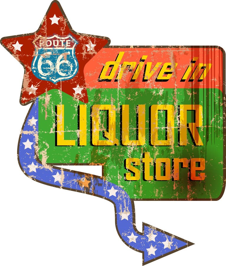 Vintage liquor store sign on the route 66, vector illustration. Vintage liquor store sign on the route 66, vector illustration