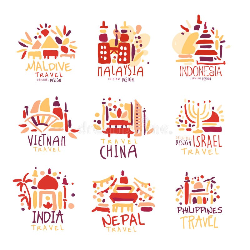 Le Maldive, Malesia, Indonesia, Vietnam, Cina, Israele, India, Nepal, filippini hanno messo dei segni variopinti di promo Estate illustrazione di stock Le Maldive, Malesia, Indonesia, Vietnam, Cina, Israele, India, Nepal, filippini hanno messo dei segni variopinti di promo Estate illustrazione di stock