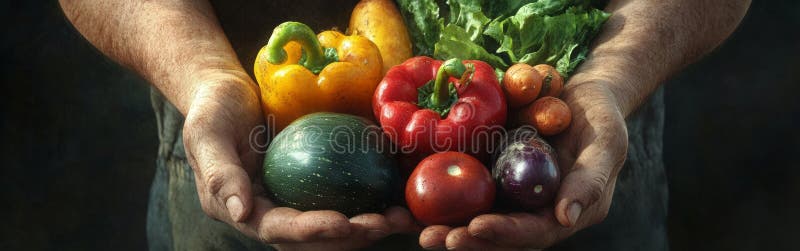 Le mani di un agricoltore cullano un assortimento colorato di ortaggi freschi, compresi i peperoni, le carote e i pomodori fotografia stock libera da diritti