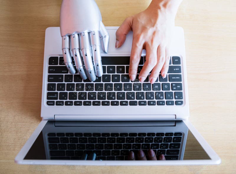 Robot hands and fingers point to laptop button advisor chatbot robotic artificial intelligence concept. Robot hands and fingers point to laptop button advisor chatbot robotic artificial intelligence concept