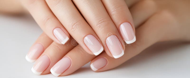 Le mani eleganti mostrano una perfetta manicure francese con un'immagine blushAI generata fotografia stock libera da diritti