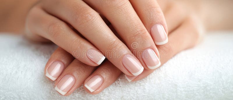 Le mani eleganti mostrano una perfetta manicure francese su un asciugamano morbido. Immagine generata dall'AI immagine stock libera da diritti