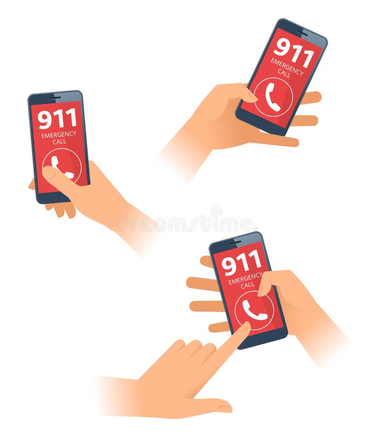 Le mani femminili e maschii compongono il numero 911 sullo smartphone Illustrazione piana di vettore