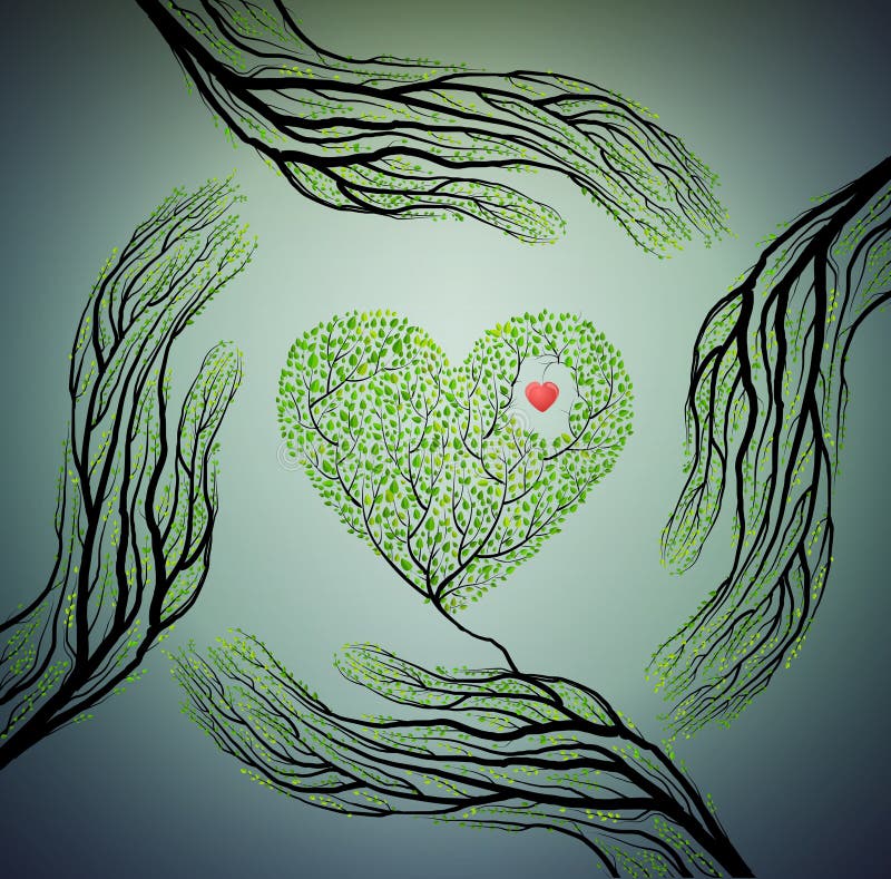 Le mani umane assomigliano ai rami di albero e tengono il cuore dell'albero, amano il concetto della natura, proteggono l'idea de illustrazione di stock