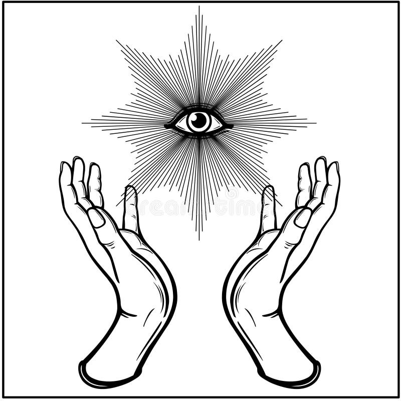 Human hands hold the divine all-seeing eye. Magic, alchemy, occult, spirituality. Monochrome vector illustration isolated on white background. Print, poster, T-shirt, postcard. Human hands hold the divine all-seeing eye. Magic, alchemy, occult, spirituality. Monochrome vector illustration isolated on white background. Print, poster, T-shirt, postcard.