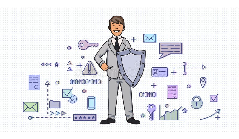 Le mannen i affärsdräkt med en sköld bland digitala och internetsäkerhetssymboler Personligt dataskydd GDPR royaltyfri illustrationer Le mannen i affärsdräkt med en sköld bland digitala och internetsäkerhetssymboler Personligt dataskydd GDPR royaltyfri illustrationer