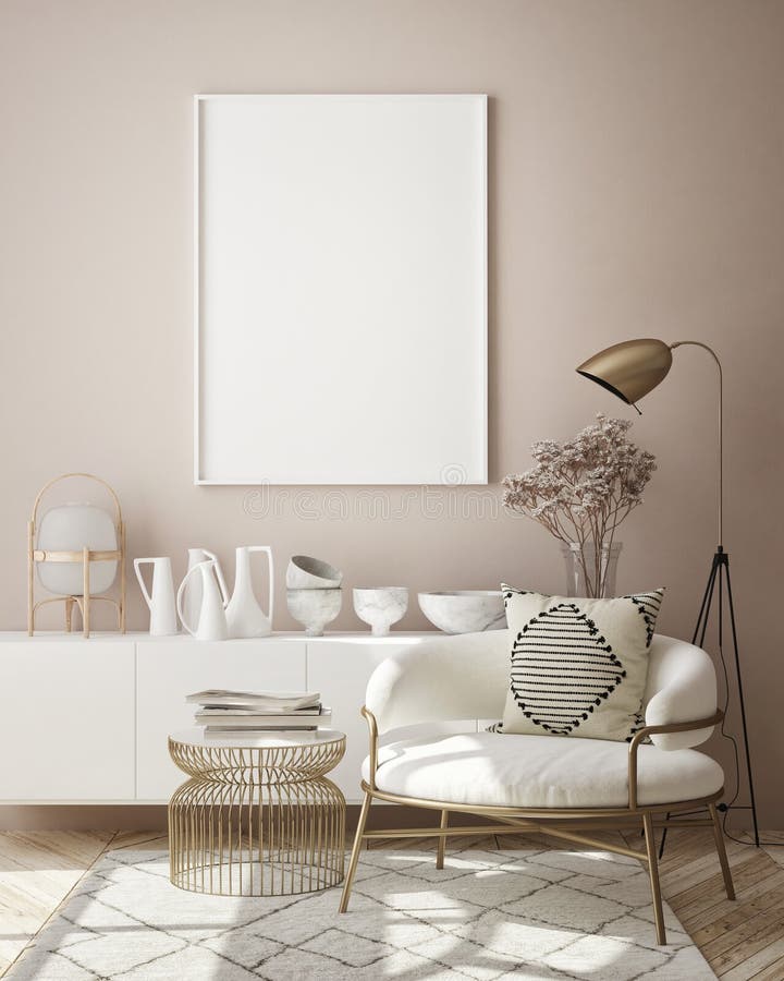 Le mauvais cadre haut d'affiches dans le Scandinave intérieur moderne de salon de fond pour rendre dénomment 3d illustration de vecteur
