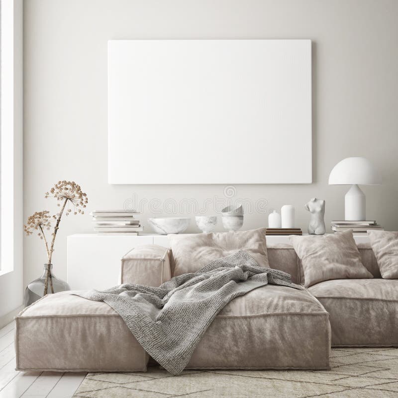 Le mauvais cadre haut d'affiches dans le Scandinave intérieur moderne de salon de fond pour rendre dénomment 3d illustration stock