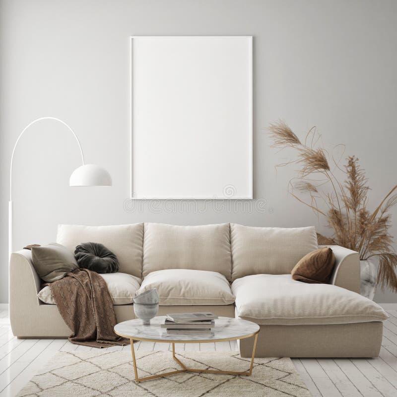 Le mauvais cadre haut d'affiches dans le Scandinave intérieur moderne de salon de fond pour rendre dénomment 3d illustration de vecteur