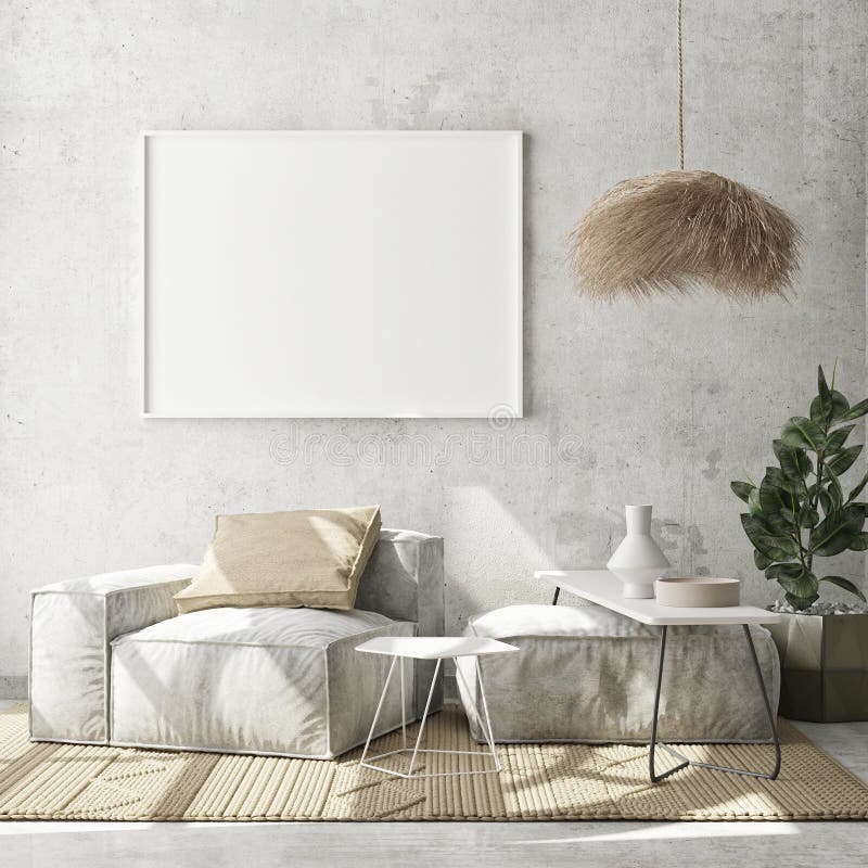 Le mauvais cadre haut d'affiches dans le Scandinave intérieur moderne de salon de fond pour rendre dénomment 3d illustration de vecteur