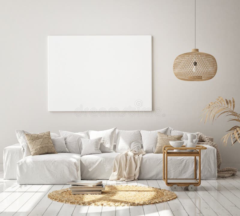 Le mauvais cadre haut d'affiches dans le Scandinave intérieur moderne de salon de fond pour rendre dénomment 3d illustration stock