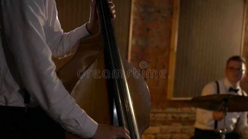 Le mec joue une double basse au studio. macro prise de vue des chaînes et timbre. le groupe musical joue au restaurant.