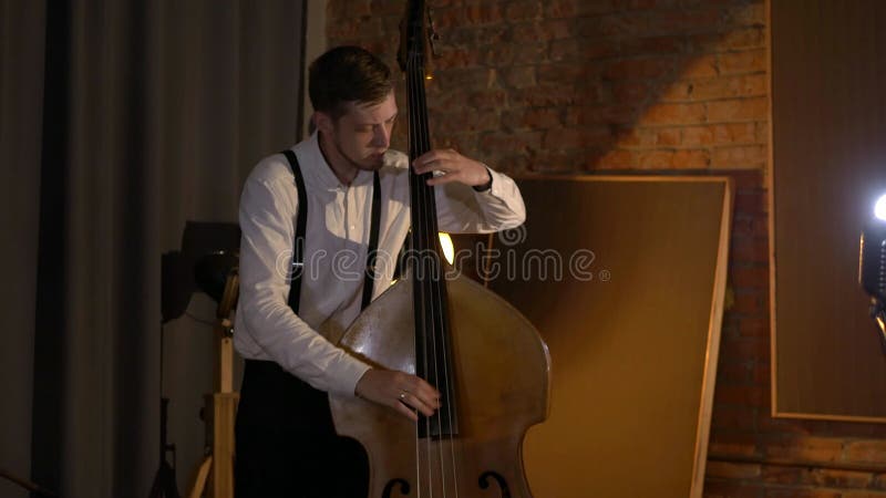 Le mec joue une double basse au studio. macro prise de vue des chaînes et timbre. le groupe musical joue au restaurant.