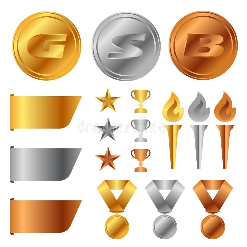 Le medaglie di bronzo dell'oro, la tazza del trofeo, il premio di inizio e la torcia e l'insegna d'argento dell'etichetta vector royalty illustrazione gratis Le medaglie di bronzo dell'oro, la tazza del trofeo, il premio di inizio e la torcia e l'insegna d'argento dell'etichetta vector royalty illustrazione gratis