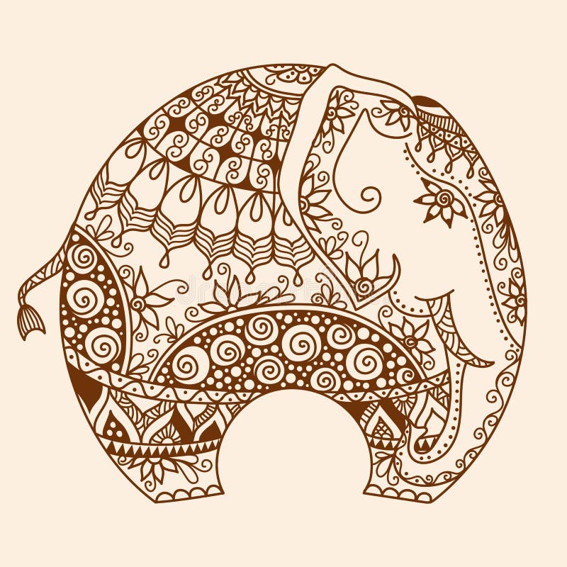Vector hand-drawn Henna mehndi tattoo doodle with decorated Indian Elephant. Vector hand-drawn Henna mehndi tattoo doodle with decorated Indian Elephant