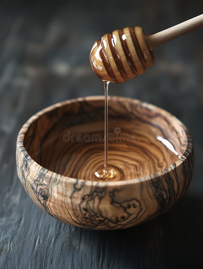 Le miel qui coule d'un plongeur en bois dans un bol en bois sur une surface sombre dans un gros plan illustration libre de droits