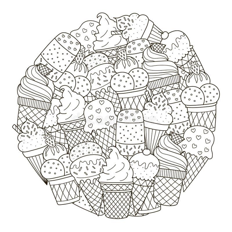 Le modèle de forme de cercle avec le mignon crème pour livre de coloriage illustration de vecteur Le modèle de forme de cercle avec le mignon crème pour livre de coloriage illustration de vecteur