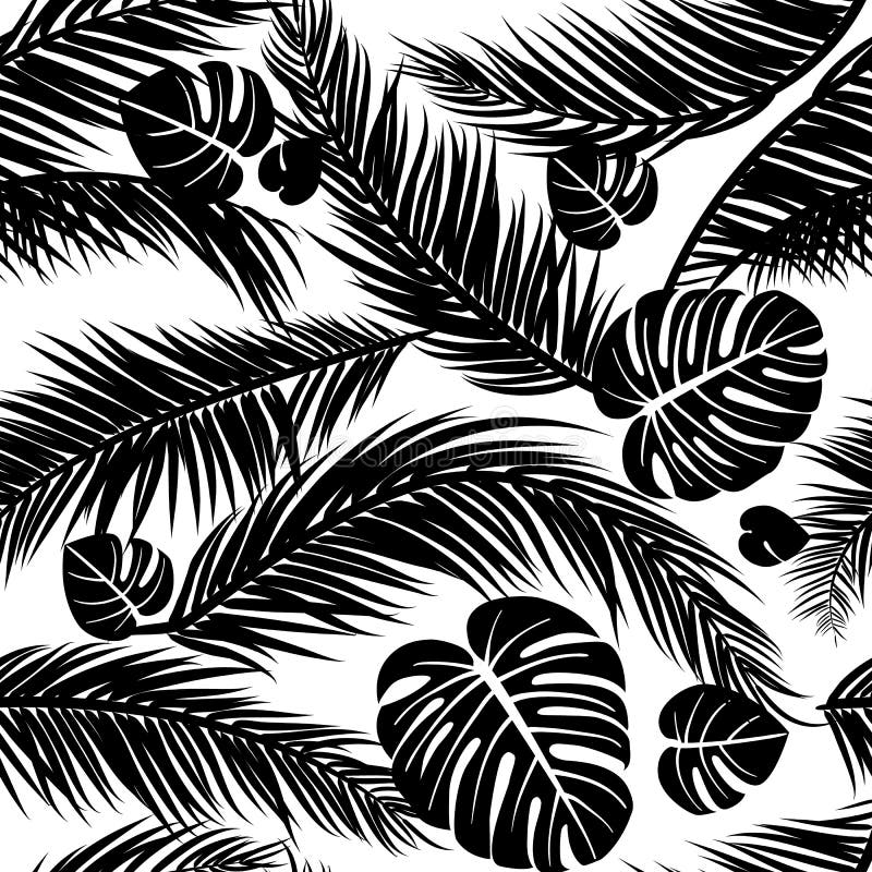 Le modèle sans couture avec des silhouettes de palmier part dans le noir sur le fond blanc illustration libre de droits
