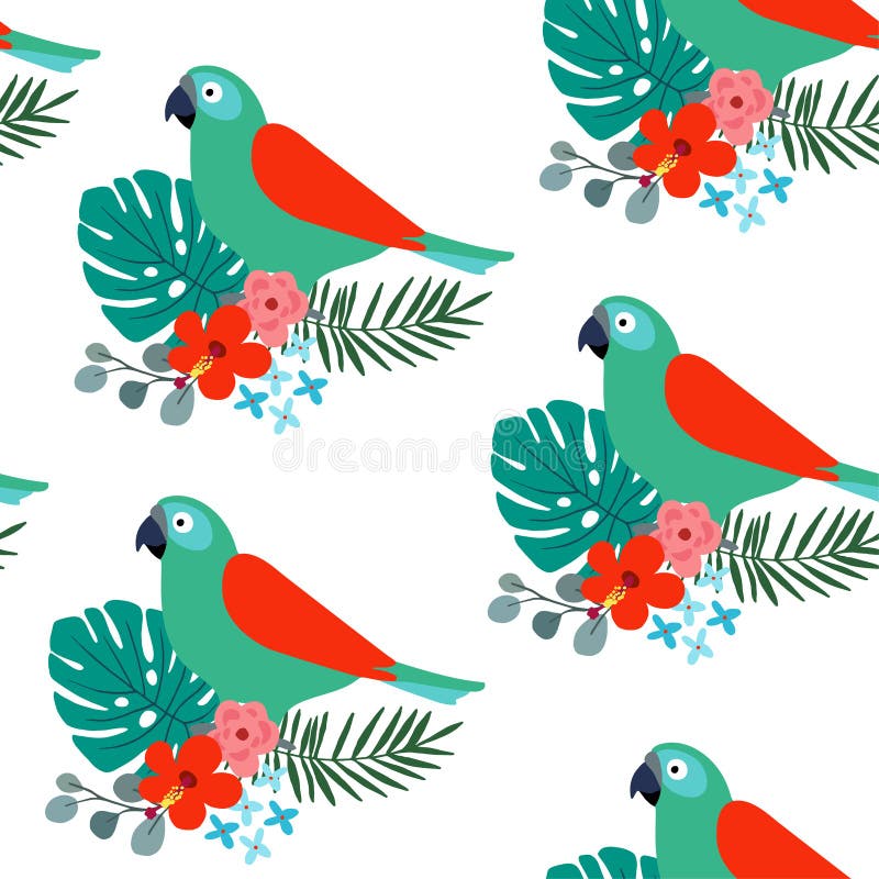Le modèle sans couture de jungle tropicale avec l'oiseau, les palmettes et la ketmie de perroquet fleurit Conception plate, illus illustration stock Le modèle sans couture de jungle tropicale avec l'oiseau, les palmettes et la ketmie de perroquet fleurit Conception plate, illus illustration stock