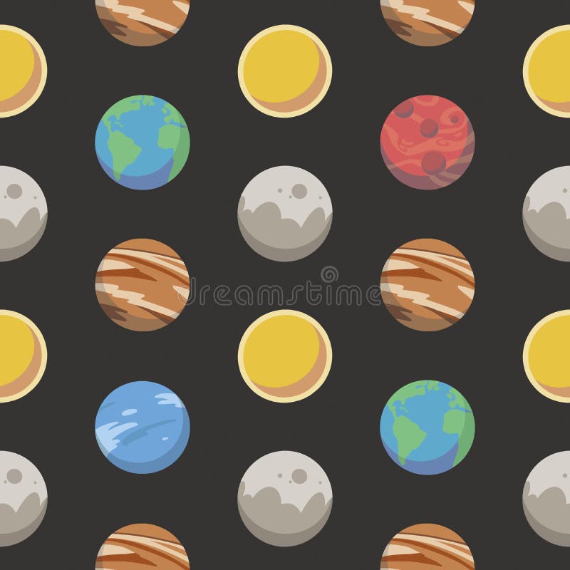 Le modèle sans couture de l'espace avec différentes planètes colorées de style de bande dessinée comprenant la terre, trouble, Ju illustration stock Le modèle sans couture de l'espace avec différentes planètes colorées de style de bande dessinée comprenant la terre, trouble, Ju illustration stock