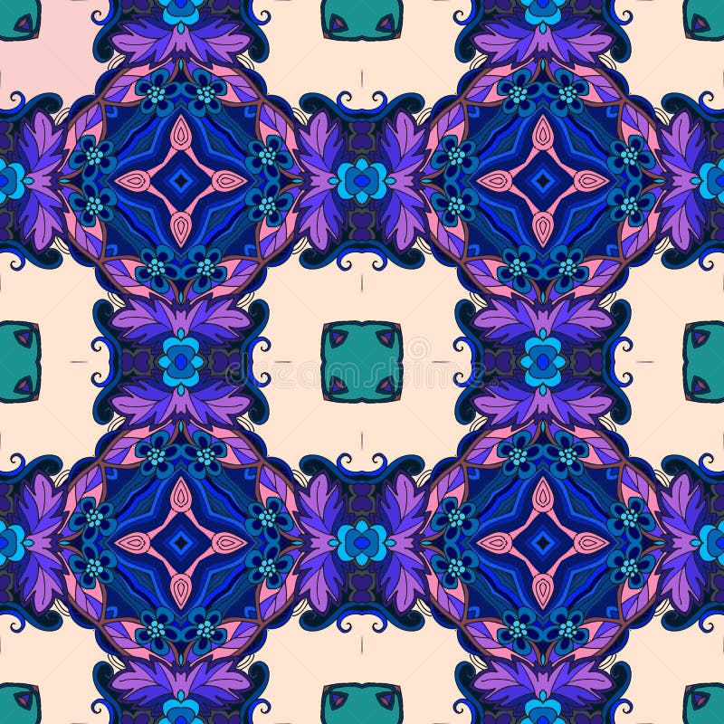 Le modèle sans couture de vecteur avec le lilas part, les fleurs et les boucles bleues illustration libre de droits Le modèle sans couture de vecteur avec le lilas part, les fleurs et les boucles bleues illustration libre de droits