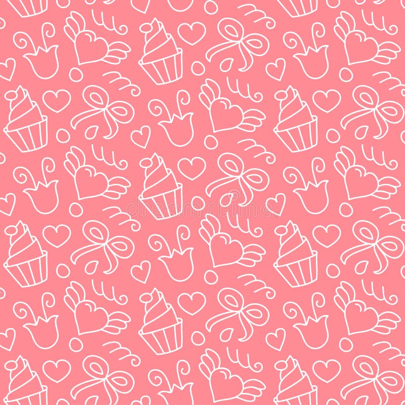 Le modèle sans couture de vecteur doux avec des coeurs, petits gâteaux, fleurs, cintre Fond tiré par la main mignon Texture sans illustration libre de droits