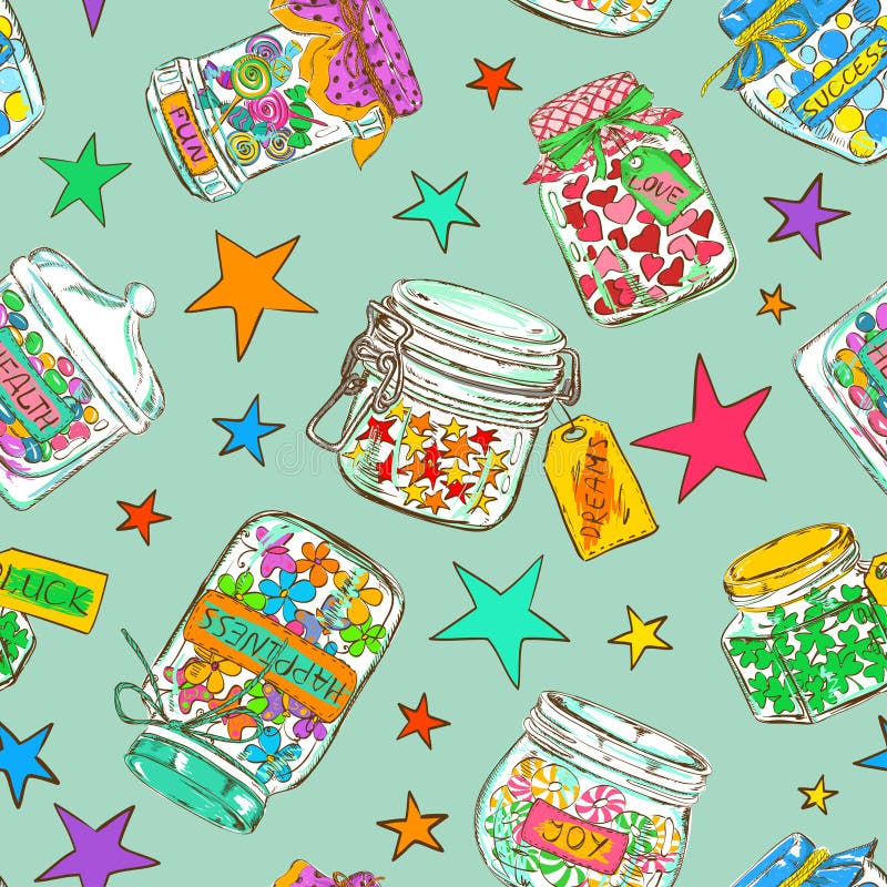 Cartoon seamless pattern of colorful mason jars with funny greeting wishes and stars. Cartoon seamless pattern of colorful mason jars with funny greeting wishes and stars