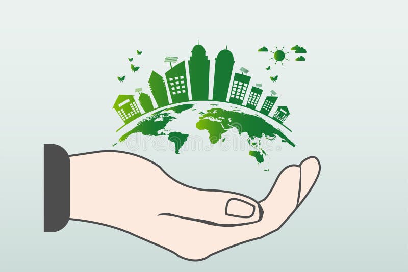 Le monde dans votre concept d'écologie de mains Les villes vertes aident le monde avec l'idée qui respecte l'environnement de con illustration stock Le monde dans votre concept d'écologie de mains Les villes vertes aident le monde avec l'idée qui respecte l'environnement de con illustration stock